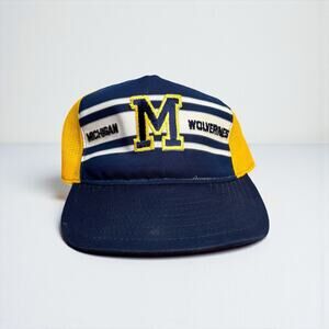 Vtg University Of Michigan Wolverines Trucker Hat Mesh Snapback Lucky Stripes